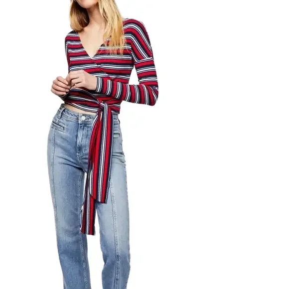 Free People Always with Me Tee Faux Wrap Low V Neck Crop Top Long Sleeves Small - Picture 1 of 6